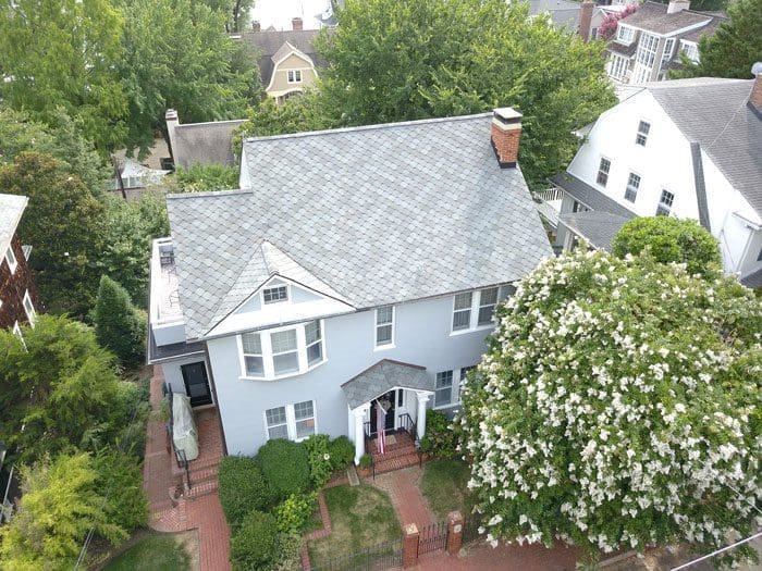 Arial view of new roof on grey house