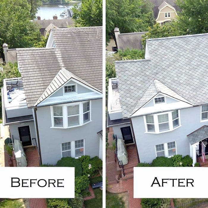 Before and after of house getting new roof